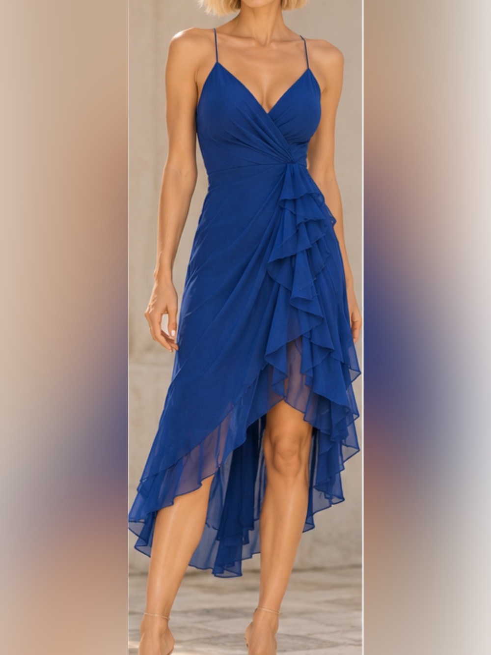 Elegant Royal Blue Ruffle-Front Evening Dress
